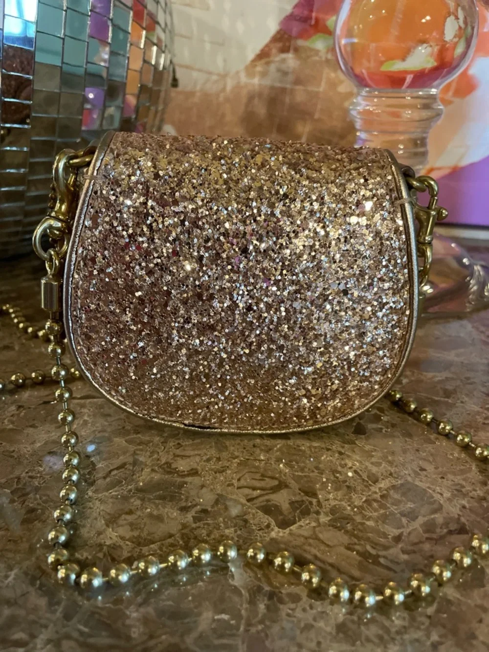 COACH Sparkle Leather Crossbody Gold Glitter Mini Bag Style No 43292 - Picture 10 of 17